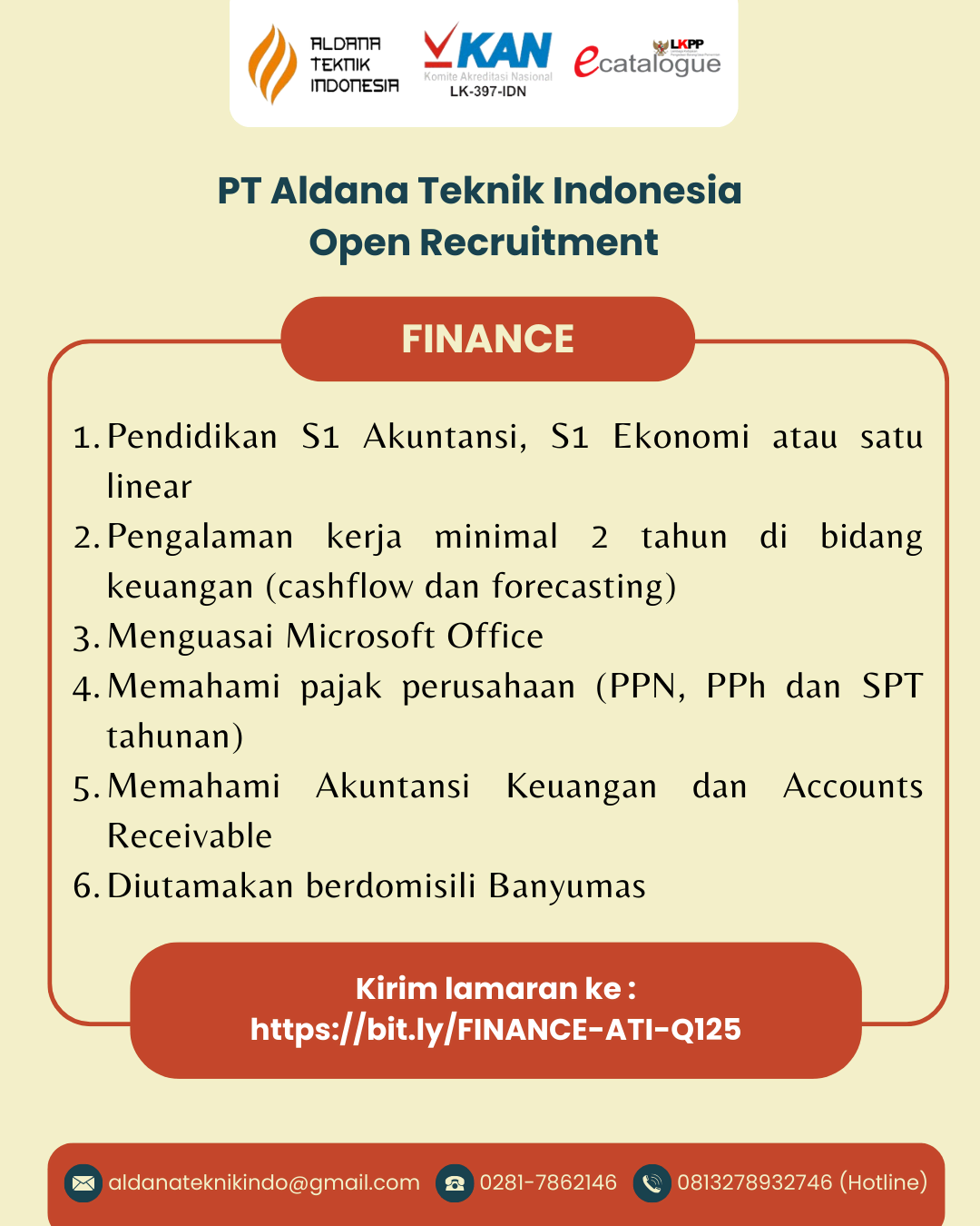 LOWONGAN KERJA PT. ALDANA TEKNIK INDONESIA – Bagian: Keuangan / Finance – Februari 2025