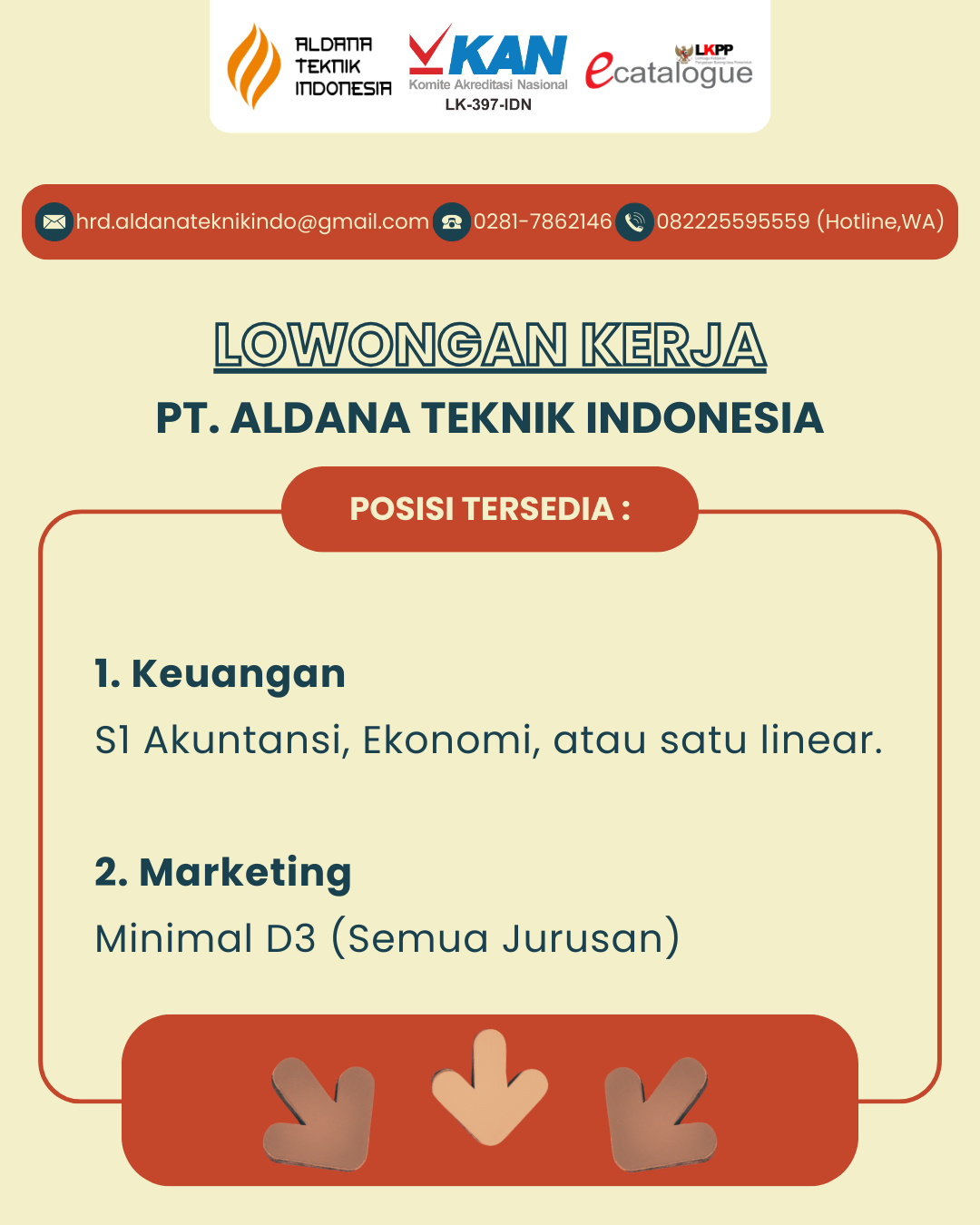 LOWONGAN KERJA PT. ALDANA TEKNIK INDONESIA – Berbagai Posisi / Bagian – April 2025